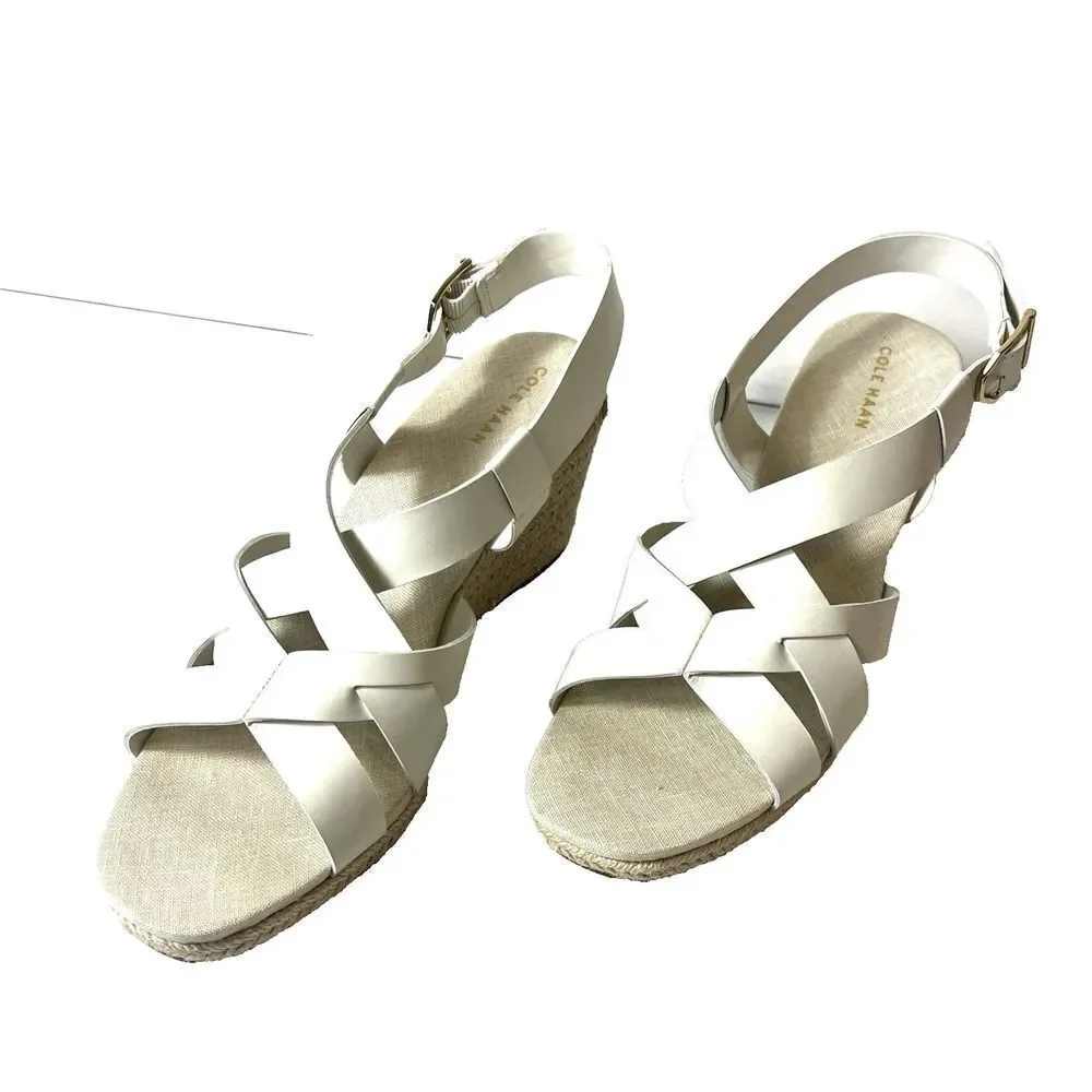 Cole Haan Womens Sz 9.5 B Wedge White Leather Espadrille Sling Back Open Toe NEW
